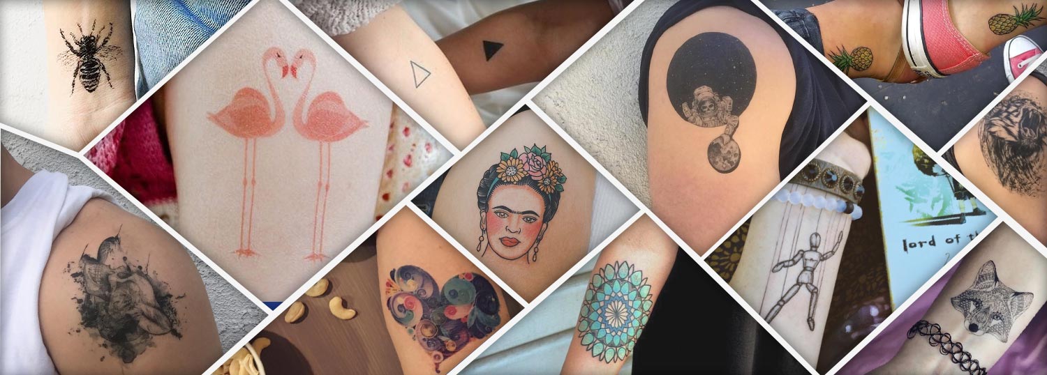 Collage of custom tattoo designs featuring floral, portrait, geometric, watercolor, and minimalist tattoo artwork.