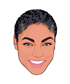Illustrated smiling female face avatar with short curly hair and expressive facial features.
